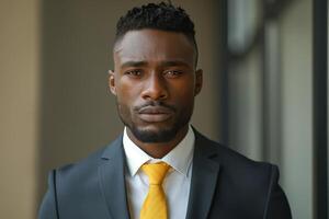 A serious young Black man in a sharp suit and yellow tie, exuding confidence and professionalism. photo