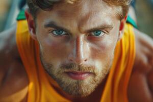 A focused Caucasian male athlete, showcasing determination and strength during an intense workout session. photo