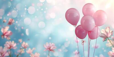 un racimo de rosado globos en contra un soñador azul y suave floral fondo, evocando celebracion y alegría. foto