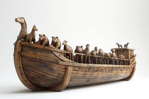 A detailed wooden model of a ship filled with various animals, showcasing craftsmanship and creativity. photo