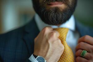 A close-up of a bearded man adjusting his yellow tie, showcasing a smart, professional look with a classic watch. photo