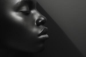 Profile of a serene Black woman with closed eyes against a dark background, showcasing the beauty of minimalist art. photo