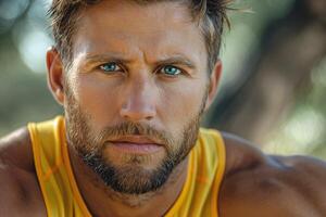 Close-up of a focused Caucasian male athlete with striking blue eyes and a determined expression, wearing a bright yellow tank top. photo