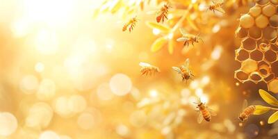 Golden honey bees gather around a honeycomb, creating a warm and vibrant atmosphere filled with bokeh highlights. photo