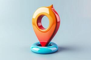 A vibrant, glossy location pin in shades of red and orange, resting on a shiny blue base against a light backdrop. photo
