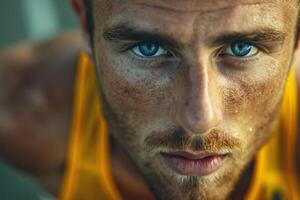 Close-up of a determined Caucasian male athlete with striking blue eyes, showcasing intense focus and grit in his expression. photo