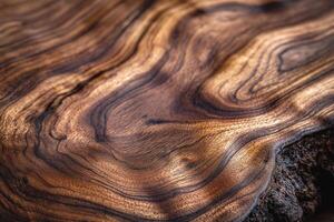 Close-up of a beautiful wooden surface showcasing intricate grain patterns and rich tones. photo