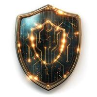 A futuristic shield design featuring a circuit board pattern and glowing golden accents, symbolizing security and protection. photo