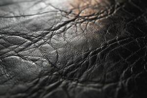 de cerca de texturizado negro cuero, exhibiendo intrincado líneas y un rico, táctil calidad. foto