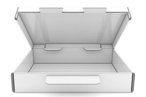 An empty white box with an open lid, showcasing a clean and modern design. photo