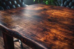 A close-up view of a beautifully crafted wooden table, showcasing its rich texture and deep, warm tones. photo