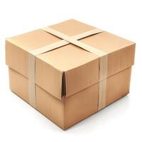 A large, neatly packaged cardboard box sealed with straps, conveying an inviting yet mysterious appeal. photo