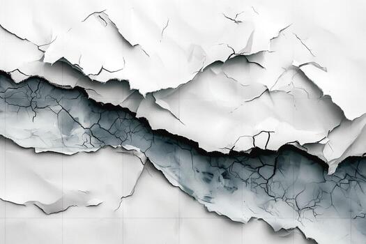 Abstract texture of crumpled paper with deep creases and cracks, creating a striking contrast of white and dark shades. photo
