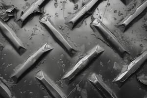 Close-up of a textured metal surface with a diamond pattern, showcasing wear and scratches. photo