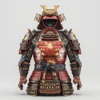 A striking samurai armor displayed in intricate detail, showcasing traditional Japanese craftsmanship and vibrant colors. photo