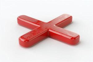 A glossy red 'X' symbol against a plain white background, suggesting a sense of rejection or negation. photo
