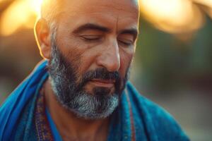 A thoughtful Middle-Eastern man with a beard, dressed in traditional attire, reflects peacefully against a soft sunset backdrop. photo