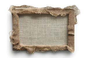 An aged, rustic canvas frame with frayed burlap edges, ideal for showcasing art or photography. photo