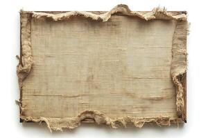 A weathered canvas stretched on a wooden frame, showcasing frayed edges that add character and texture. photo