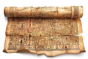Detailed close-up of an ancient Egyptian papyrus scroll showcasing intricate hieroglyphics and illustrations. photo