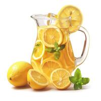 A refreshing pitcher of lemonade adorned with fresh lemon slices and mint leaves, perfect for a summer day. photo