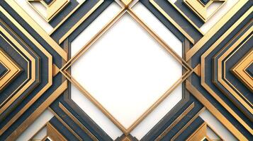 Abstract geometric background featuring gold and dark blue layers with a central empty diamond space. photo