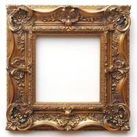 An ornate, vintage golden picture frame with intricate floral designs, perfect for displaying art or photographs. photo