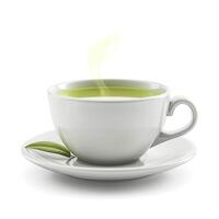 A steaming cup of green tea with a delicate leaf on a white saucer, exuding freshness and tranquility. photo