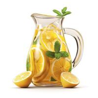 Refreshing pitcher of lemon water garnished with mint leaves, surrounded by fresh lemons. photo