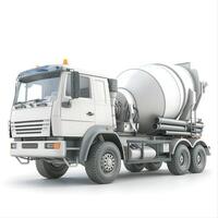 A sleek white concrete mixer truck with a large rotating drum, designed for construction and building projects. photo