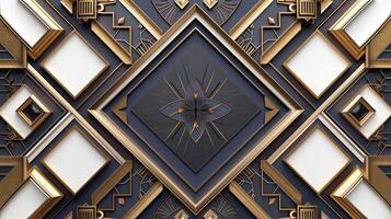 Intricate geometric design featuring layered textures in gold, black, and white tones, creating a modern, artistic composition. photo