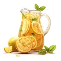A refreshing pitcher of lemonade garnished with mint leaves and fresh lemon slices. photo