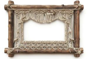 A beautiful macrame wall frame crafted from natural fibers, exuding a bohemian style. photo