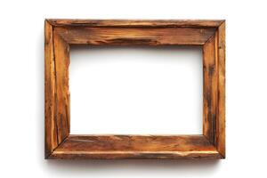 Empty wooden picture frame on a white background, perfect for showcasing artwork or photographs. photo