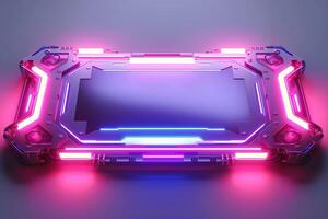 Futuristic technology design with glowing blue and pink neon lights on a sleek metallic surface. photo