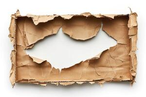 An irregularly torn cardboard frame revealing a blank white background, showcasing a minimalist design. photo