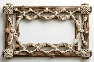 A rustic wooden frame intricately tied with natural rope, showcasing a handcrafted design that echoes a nautical theme. photo