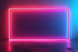 A vibrant neon frame with a gradient of pink and blue light against a textured wall, creating a modern, futuristic setting. photo