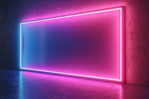 A mesmerizing neon-lit frame with pink and blue hues reflecting off a textured wall, creating a futuristic atmosphere. photo