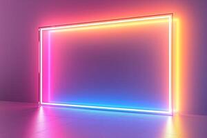 A vibrant neon light frame with pink, blue, and orange hues illuminating a minimalist space. photo
