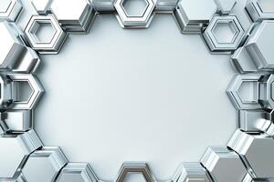 Abstract metallic hexagonal frame design on a smooth light background. photo