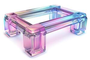 A modern glass coffee table with an iridescent finish, showcasing a blend of pastel hues of pink, blue, and purple. photo