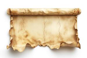 An aged, rolled parchment with a weathered appearance, featuring cracks and a rustic texture. photo