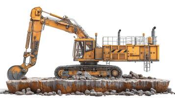 Heavy machinery excavator in an industrial setting, showcasing its powerful features with a robust yellow and gray design. photo