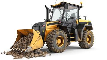 A powerful yellow and black construction loader with a raised bucket full of dirt, set against a white background. photo