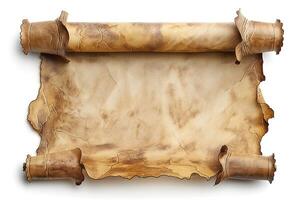 An aged parchment scroll with decorative rolled ends, conveying a sense of history and artistry. photo
