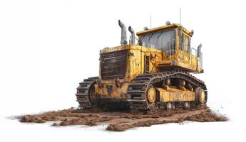 A rugged yellow bulldozer working on a construction site, showcasing its powerful tracks and worn-out exterior. photo