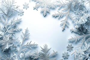 A beautiful arrangement of delicate snowflakes and frosty leaves creates a serene winter frame. photo