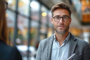 Confident Caucasian man in a stylish grey blazer, wearing glasses, engaged in conversation indoors with natural light filtering through. photo