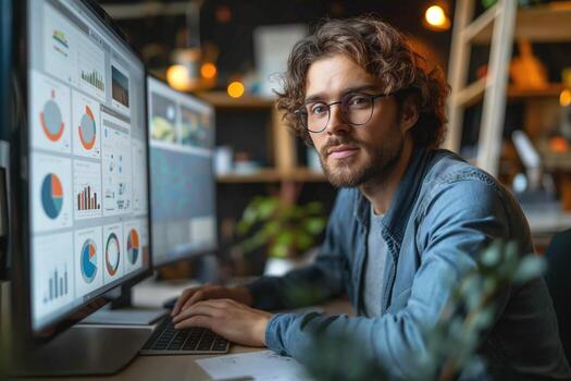 A young Caucasian man with curly hair and glasses analyzing data on a computer in a modern workspace. photo